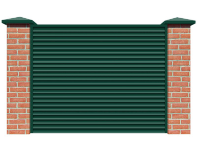 Секция забора жалюзи из ламелей Жалюзи ЭКО-Z RAL6005 Зеленый мох 2-х сторонняя с кирпичными столбами анфас